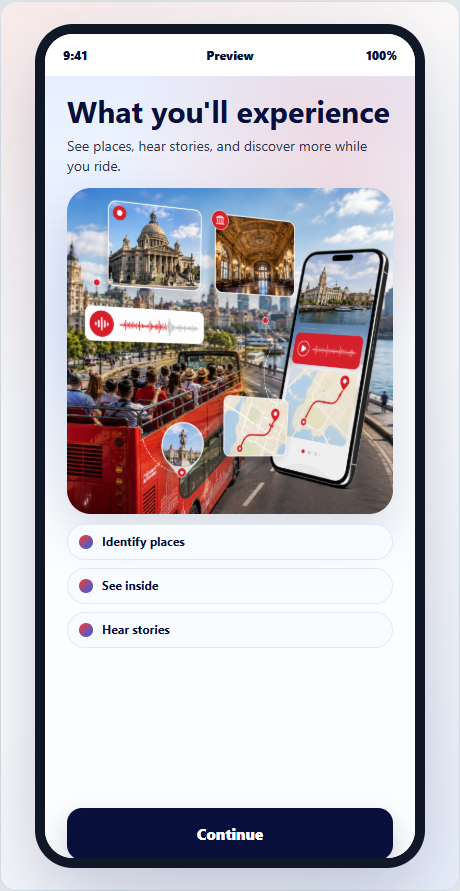 Illustrative interface preview with places, interiors and audio themes