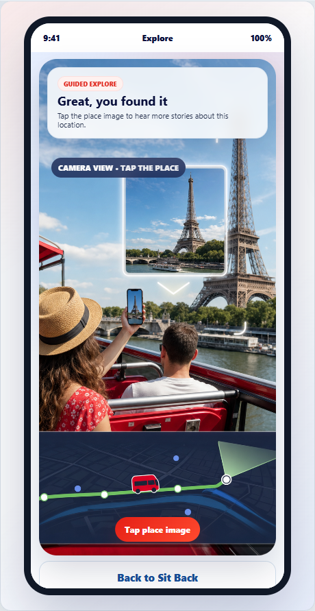 Illustrative explore interface showing an Eiffel Tower image and route graphic