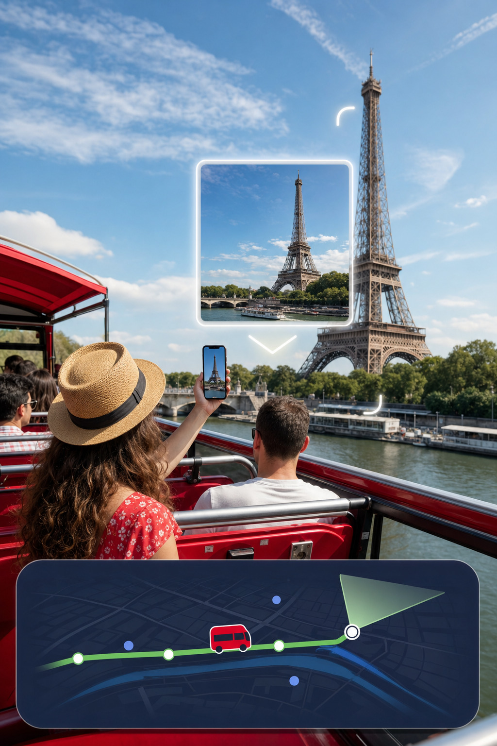 Illustrative Eiffel Tower visual-story concept on a sightseeing bus