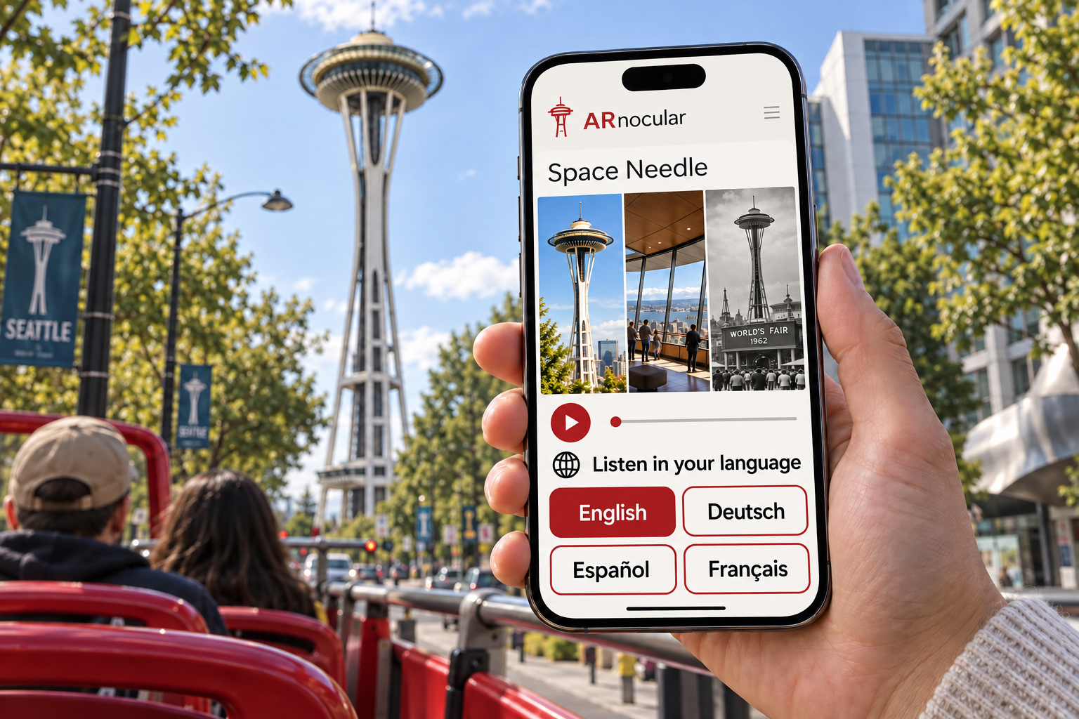 Illustration of a sightseeing-bus passenger viewing landmark imagery and four audio-language choices on a phone.