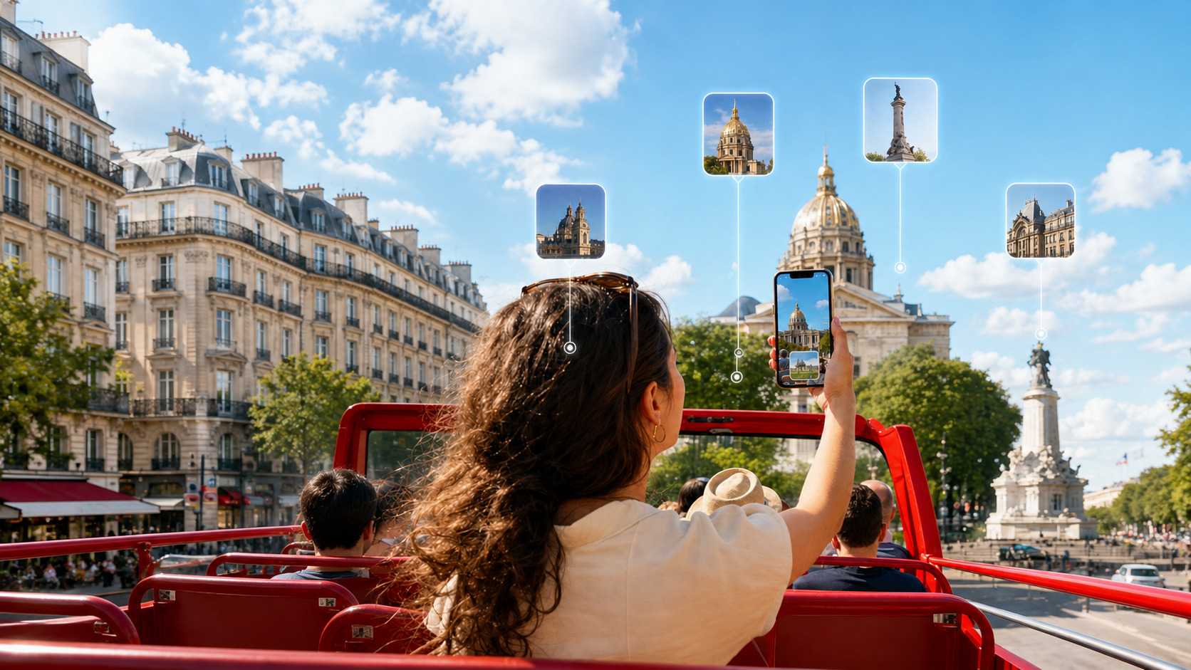 Illustrative sightseeing-bus scene with visual story overlays
