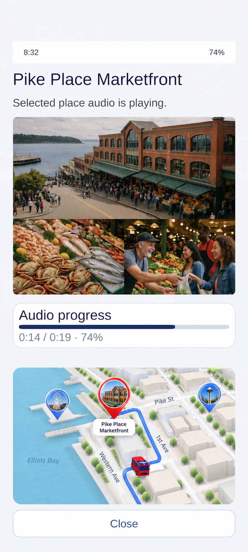 Illustrative Pike Place Marketfront story interface with a photo collage, audio progress, and a stylized map.