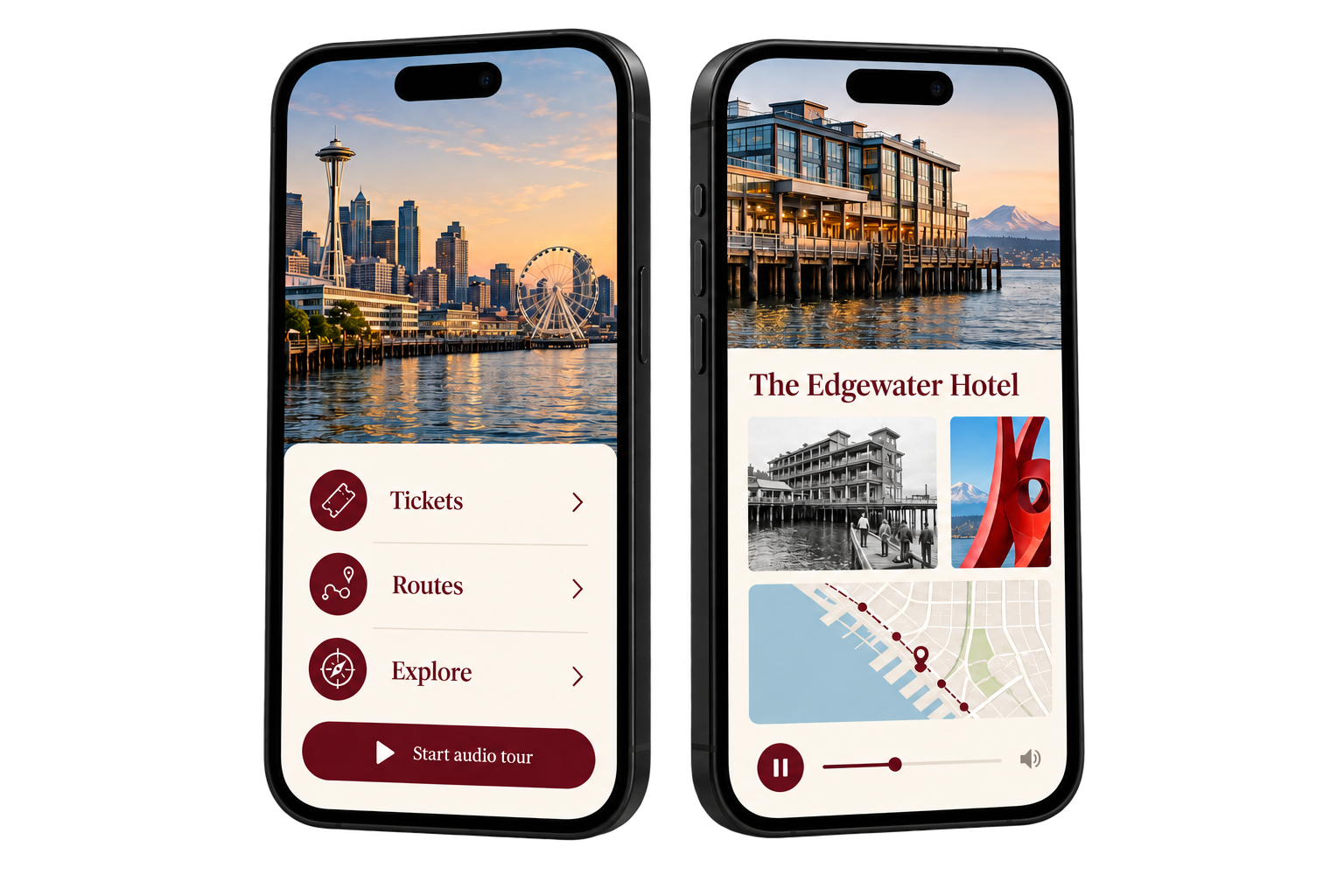 Illustrative operator-branded tour on two phones, with Seattle imagery and an Edgewater Hotel story.