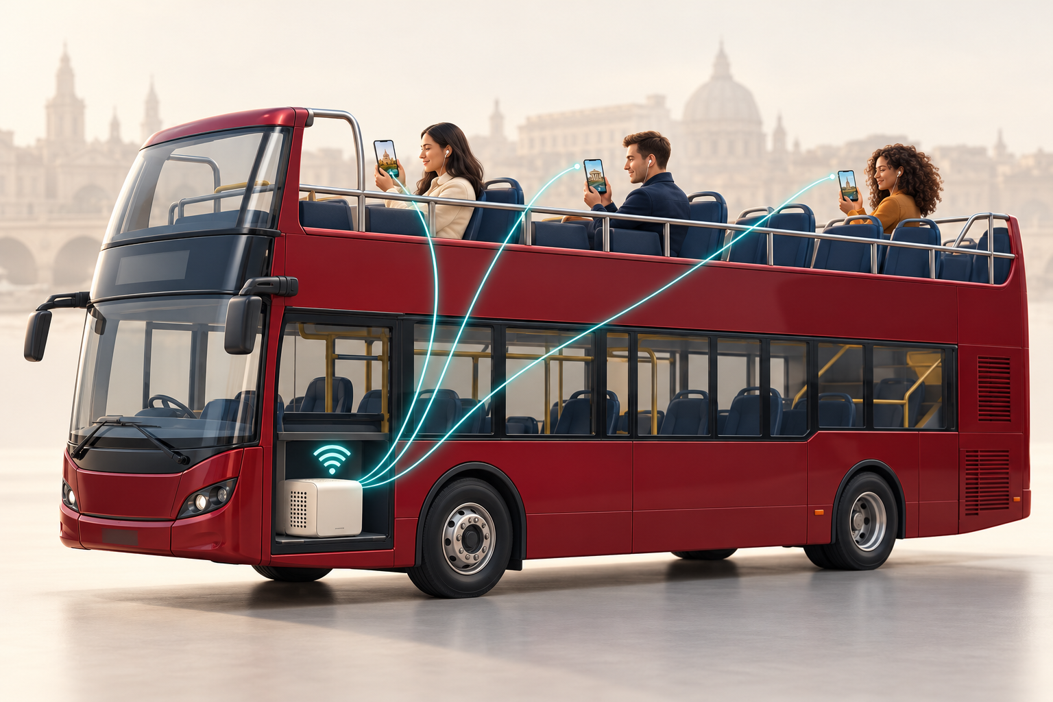 One onboard content unit connects locally over Wi-Fi to the phones of seated sightseeing bus passengers.