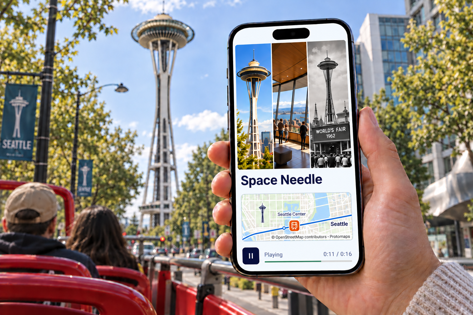 Illustrative passenger view from a sightseeing bus: a phone brings together Space Needle imagery, a map and audio controls.