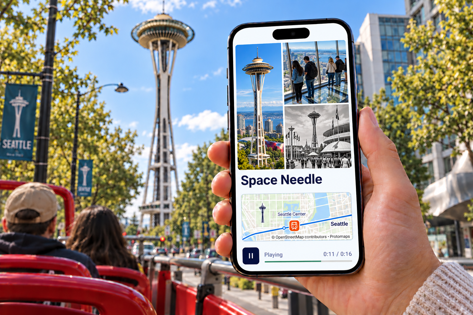 Seattle sightseeing bus passenger holding a phone displaying the Space Needle today, its observation deck and a reconstruction of the 1962 World’s Fair.